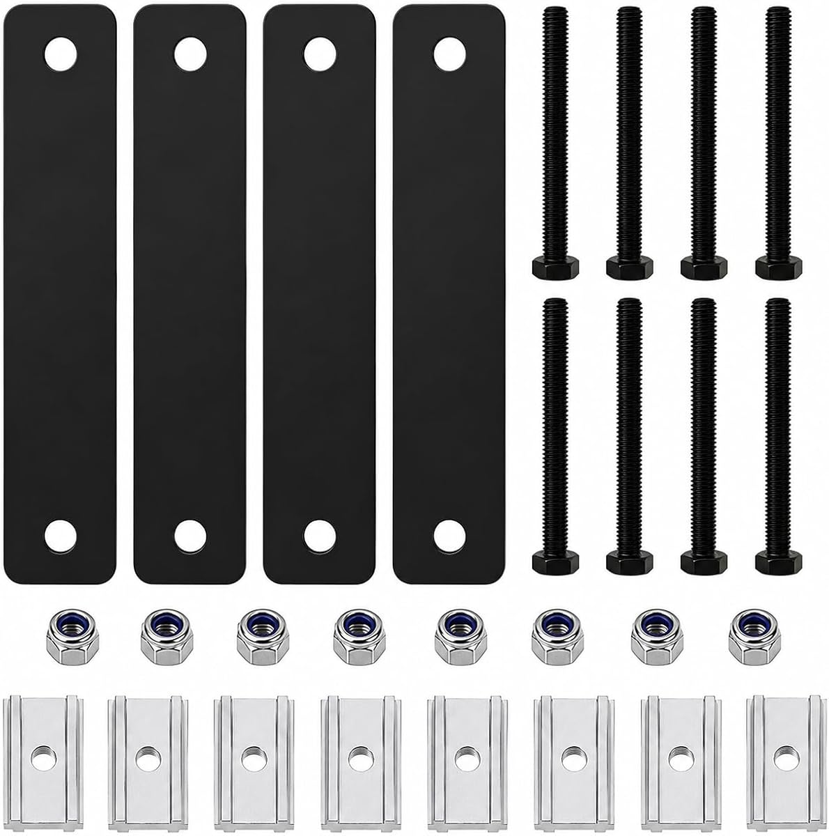 28 PCS Rooftop Tent Mounting Hardware Set, Universal Installation Kit | with 4 Heavy-Duty 6mm Thick Steel Mending Plates (5.3" x 1"), 8 Bolts, 8 Lock Nuts & 8 Aluminum T-Slot Plates (Black)