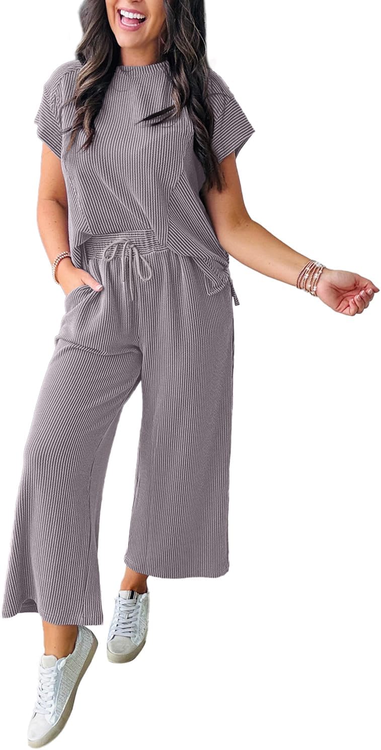 MARZXIN 2 Piece Sets For Women Ribbed Knit Loose Short Sleeve Tops and Wide Leg Pants Set Travel Outfits Lounge Sets