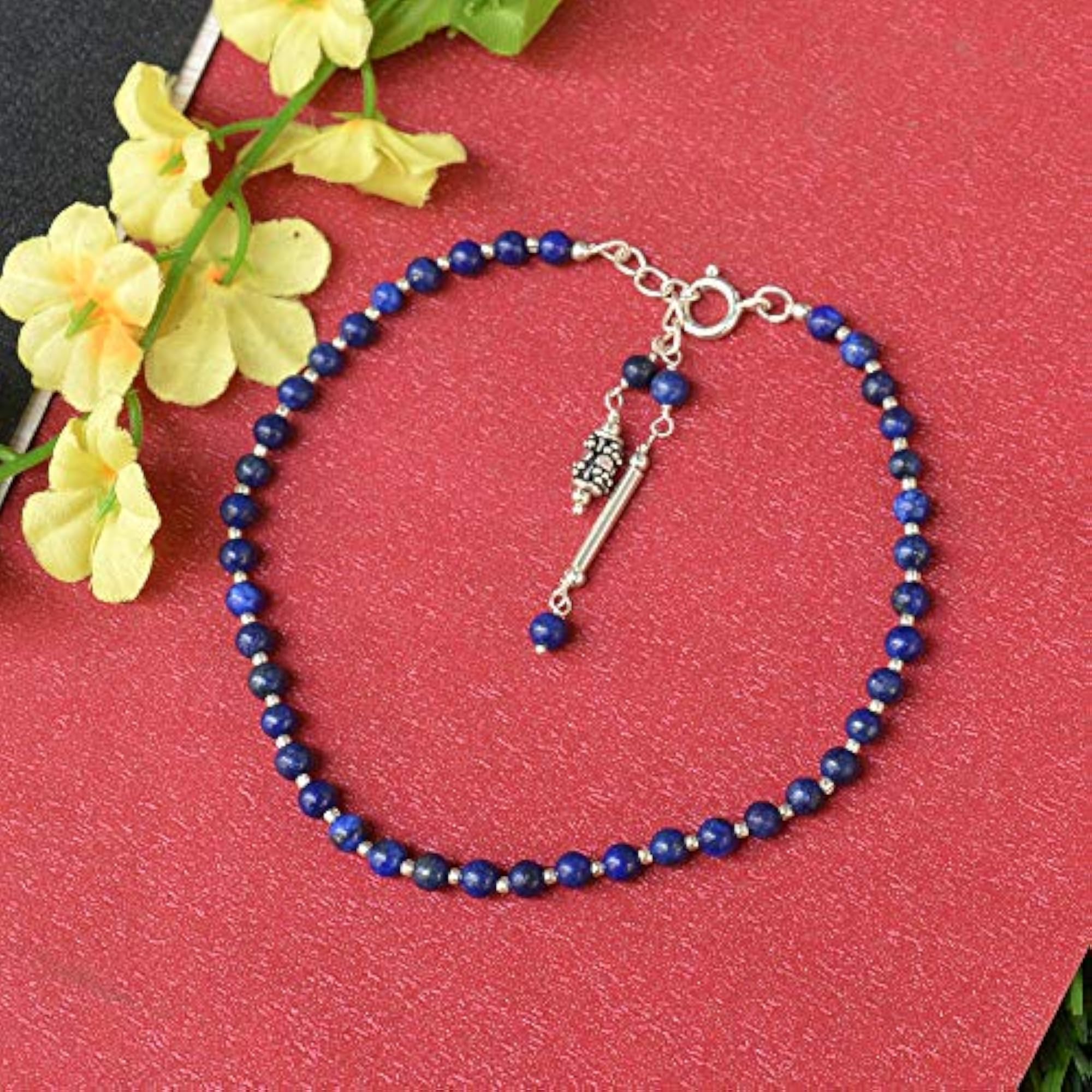 Natural Blue Lapis Lazuli Gemstone Anklet in 925 Sterling Silver