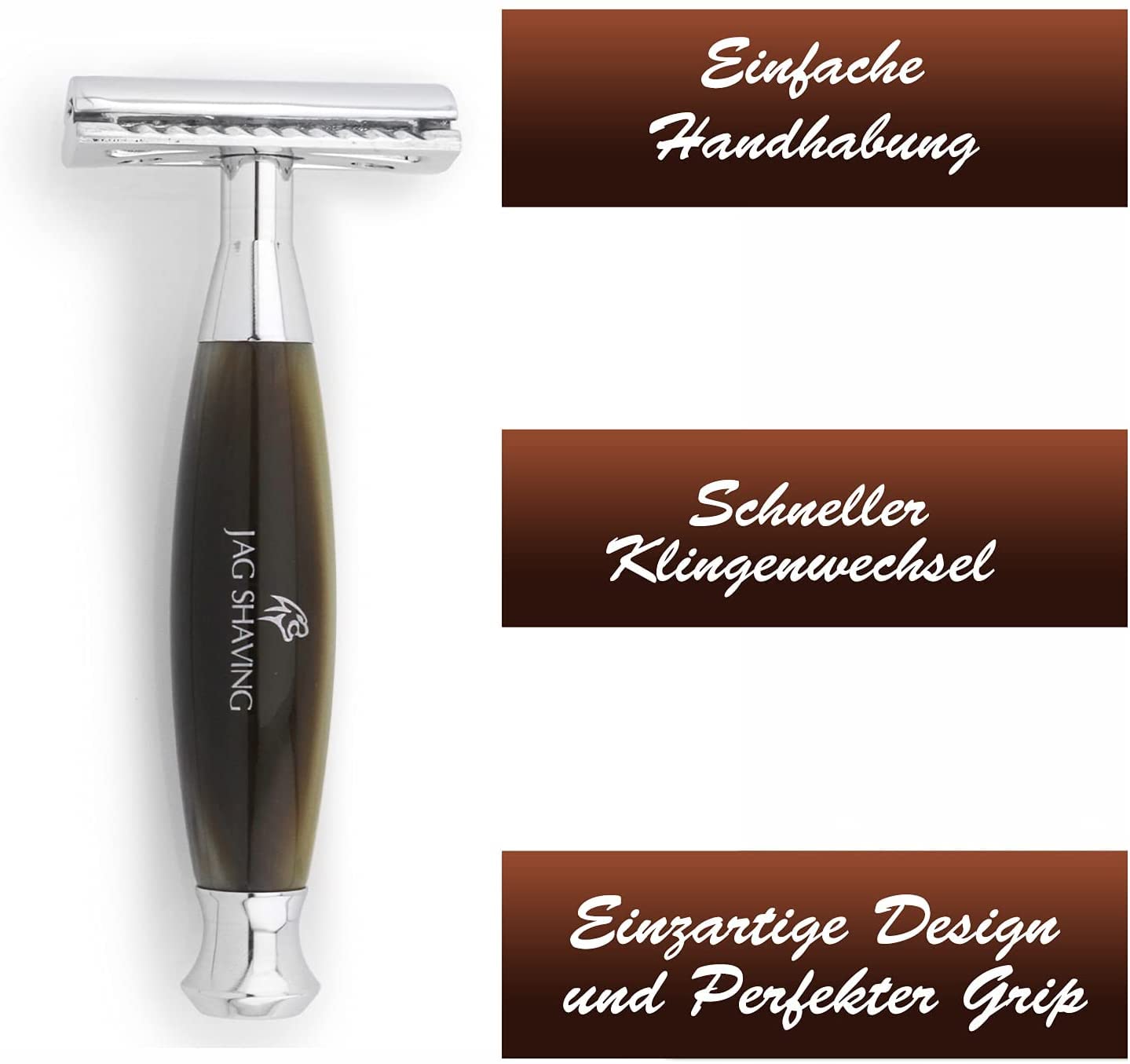 Jag Shaving Jag's Lee Range - Juego de afeitado de 3 piezas (brocha de afeitar de pelo de tejón puntiagudo, cuchillas de afeitar de doble filo, soporte para afeitar, imitación de hornión verde)