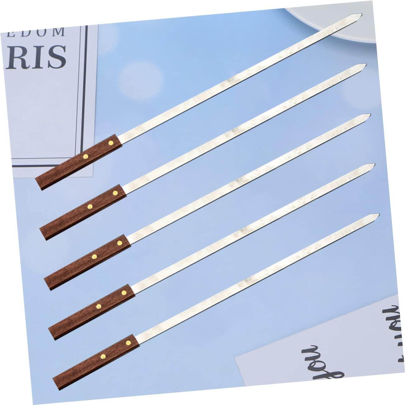5pcs Reusable Bbq Skewers Stainless Steel Flat Skewers Kebab Sticks Wooden Handle for Outdoor Bbq