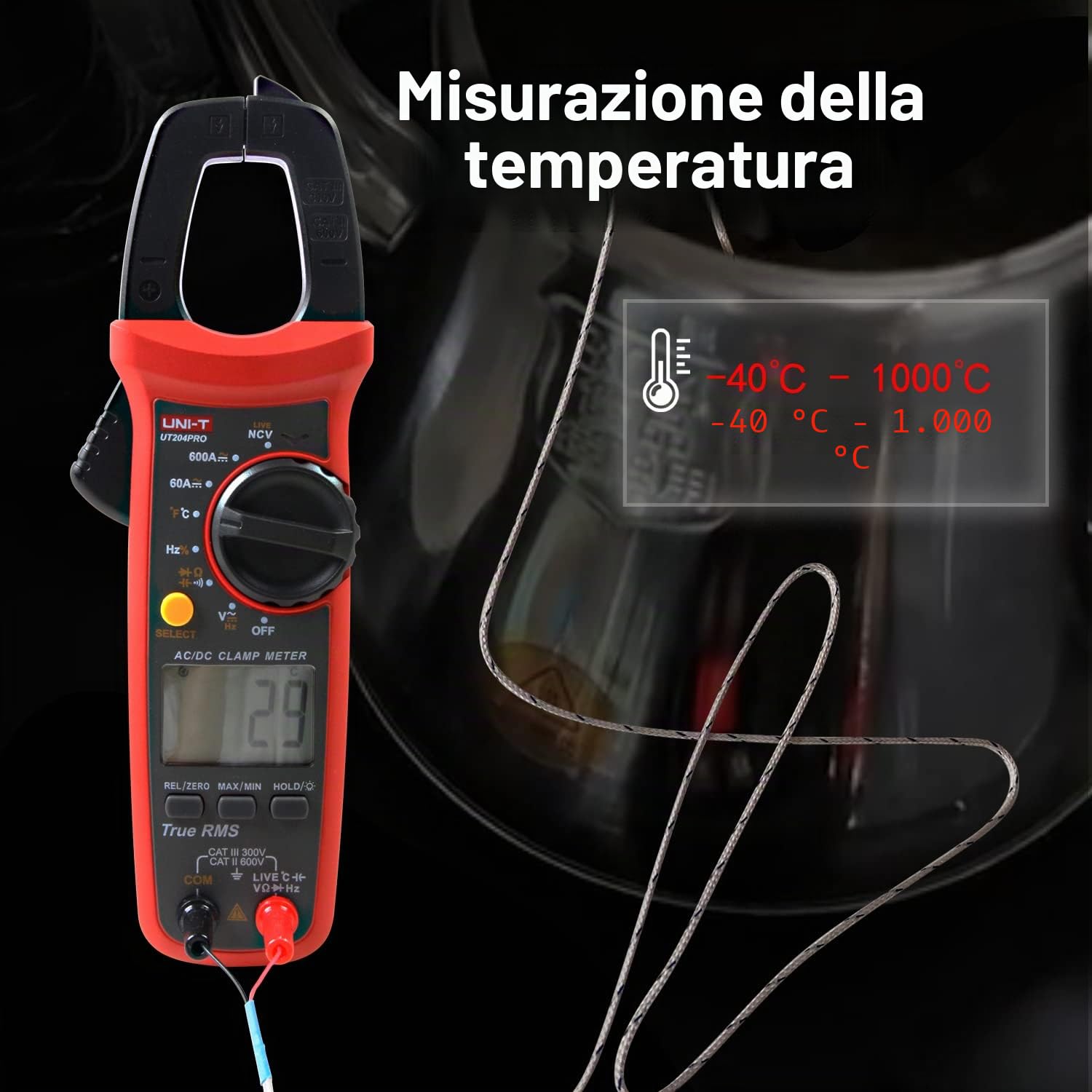 UNI-T UT204PRO Pinza Amperometrica Portatile True RMS, Rilevamento Pinza NCV,600A 600V AC/DC Tensione Corrente,Resistenza,Capacità，Frequenza, Temperatura,Rilevamento Firewire