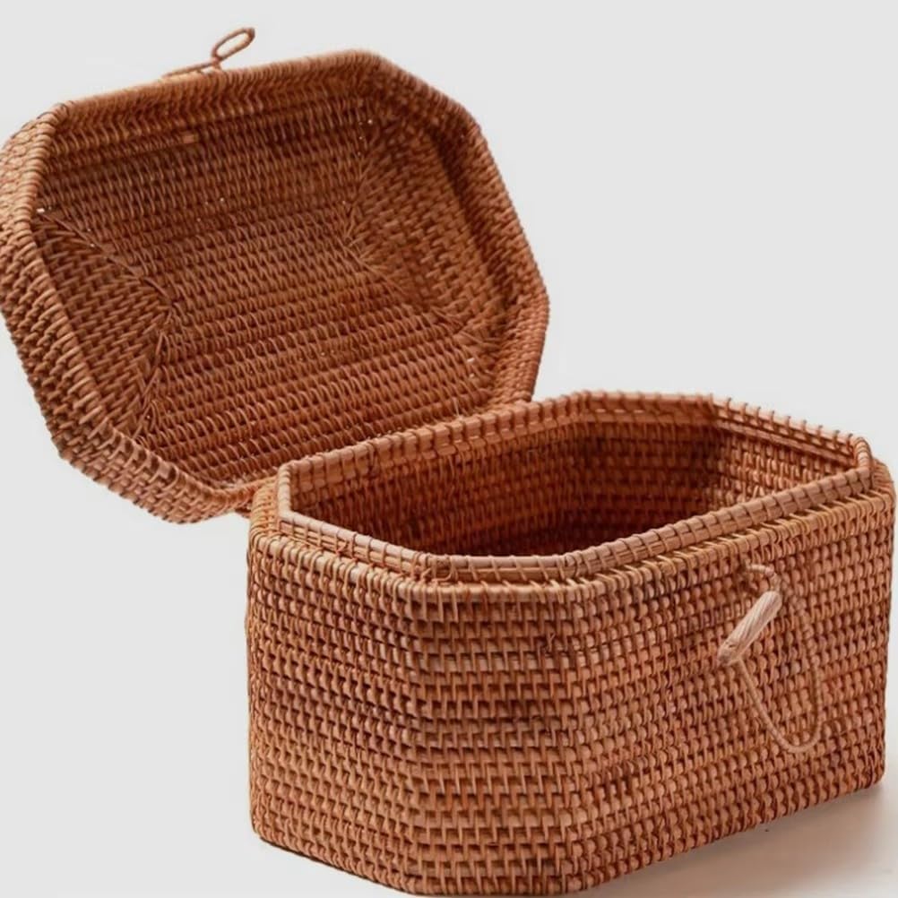 Basket Storage Rattan Woven Baskets with Lid Round Wicker Fruit Boxes Decorative Tray Lids Sundries Mini Snack Bread Organizer (1)