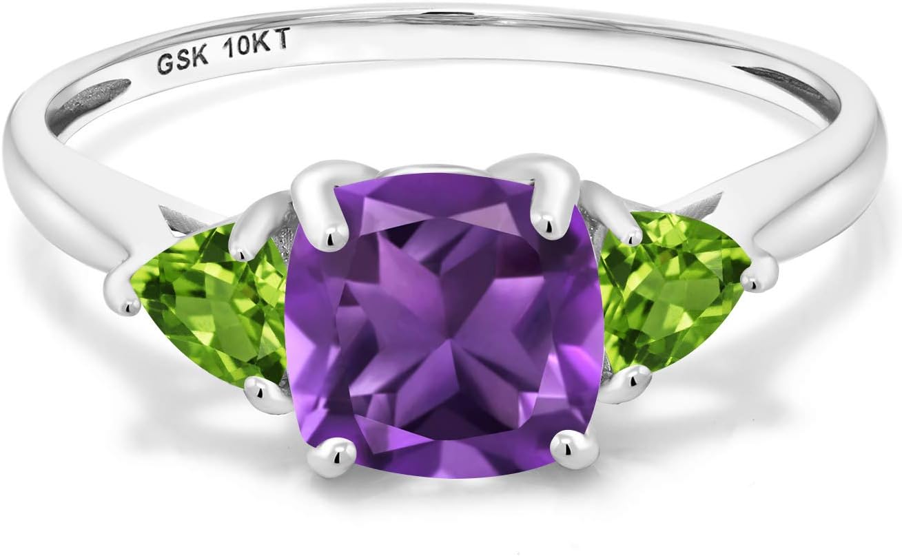 Gem Stone King 10K White Gold Purple Amethyst and Green Peridot 3-Stone Engagement Ring For Women (1.92 Cttw, 7MM Cushion and 4MM Trillion)