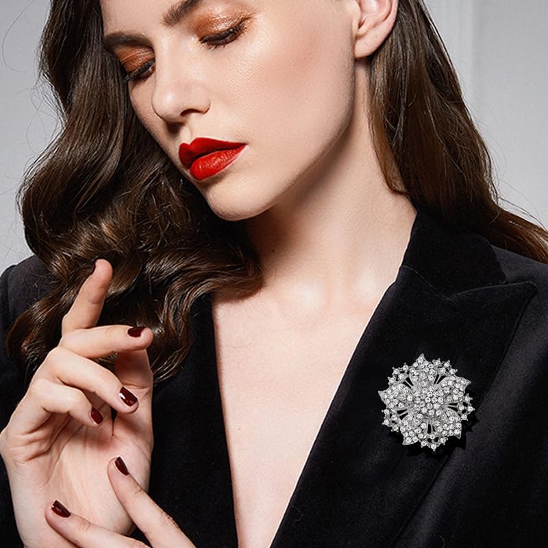 Image of Wedding Bridal Big Crystal Rhinestone Bouquet Brooch Pin for Women (silver flower)