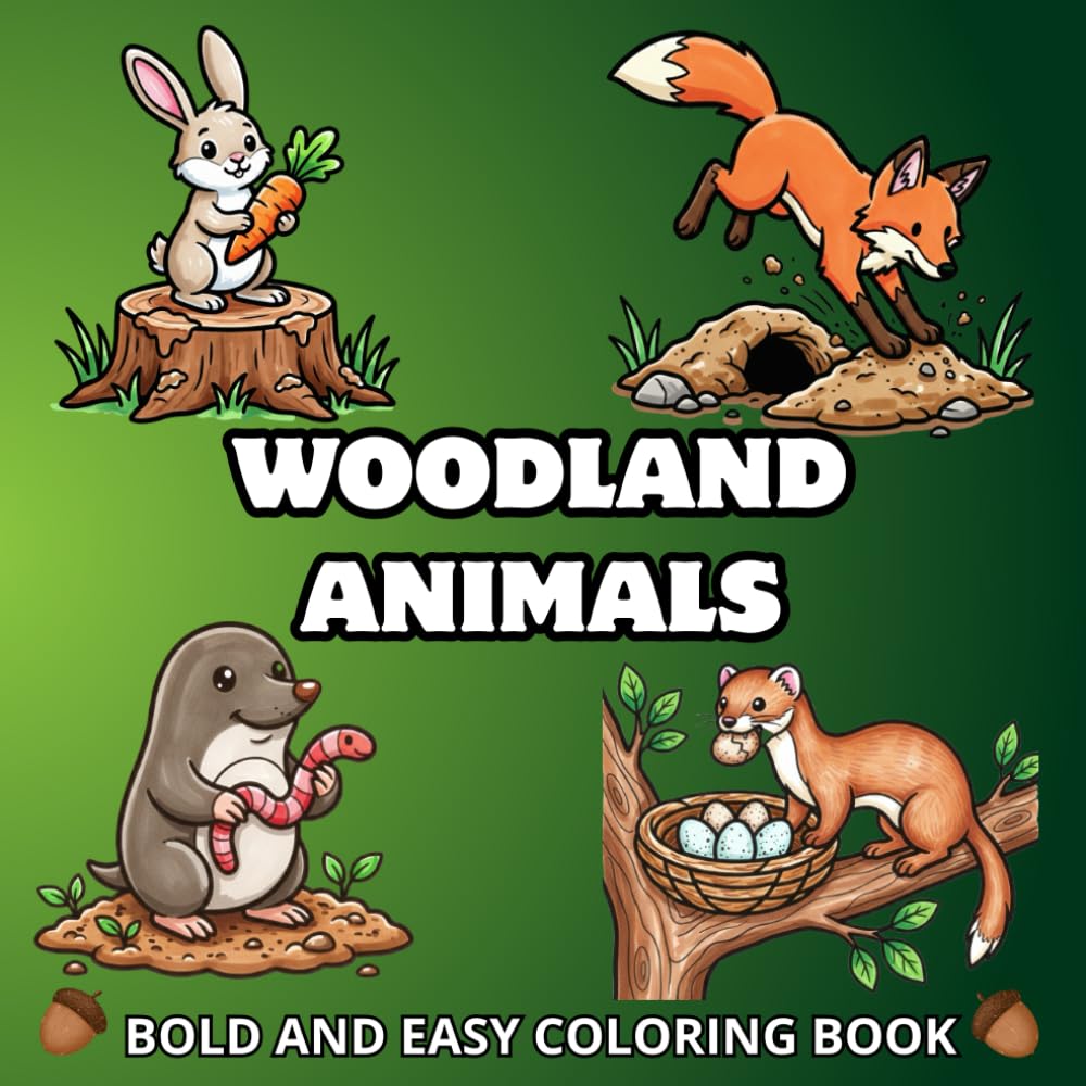 Woodland Animals: Bold and Easy Coloring Book: 45 Bold & Simple Animal Pictures to Color
