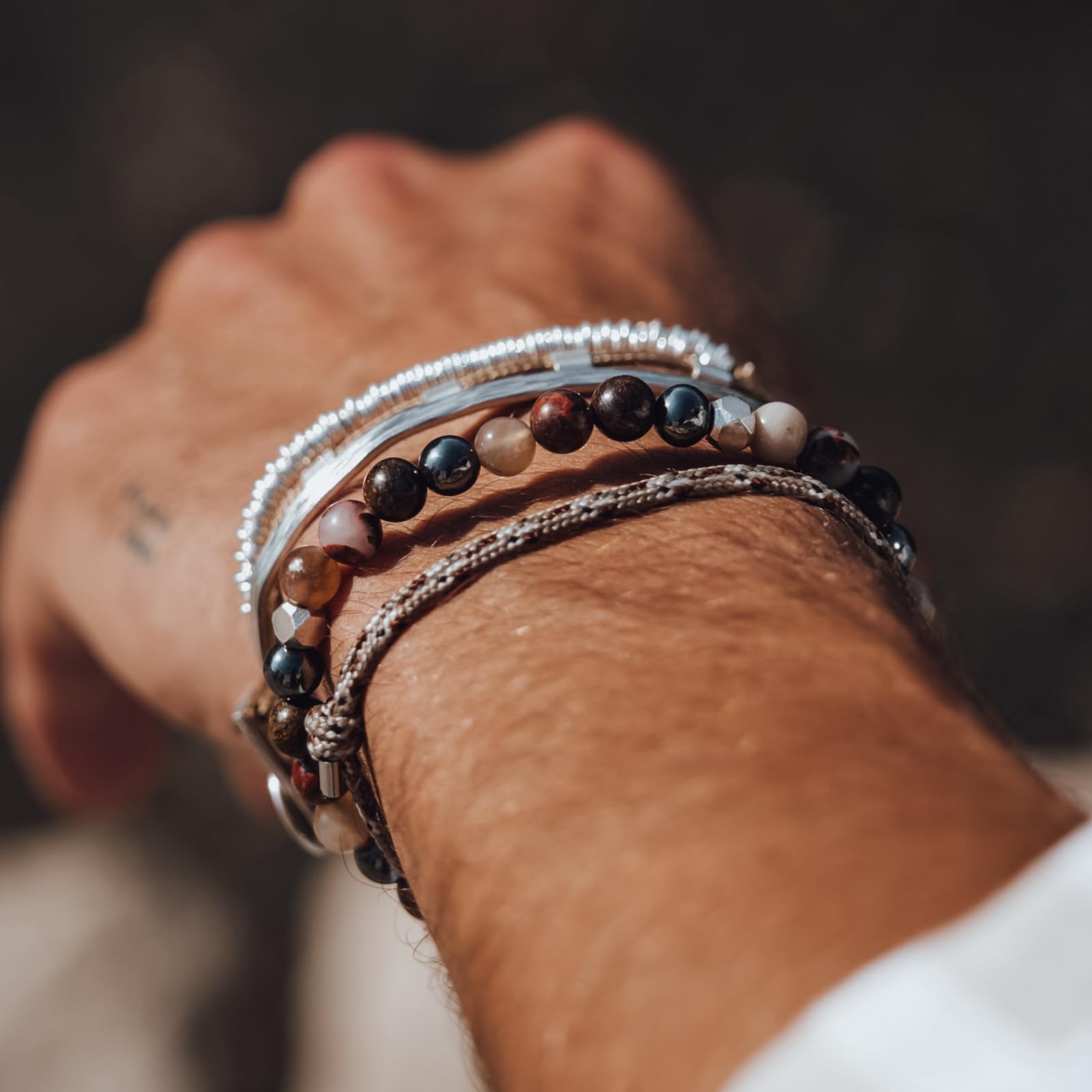 Nato Cuff - Bransoletka Wrap Toggle ze srebra próby 925 - kamienie naturalne - Paracord, biżuteria dla mężczyzn lub kobiet, ręcznie robiona we Francji, Moyenne, Srebro, Ametyst