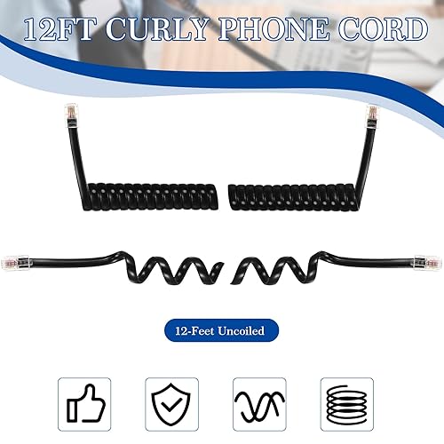 Miniatura 2 de Kanayu Paquete de 20 cables de teléfono negros de 12 pies para teléfono fijo en espiral a granel para uso con todos los accesorios de cable de