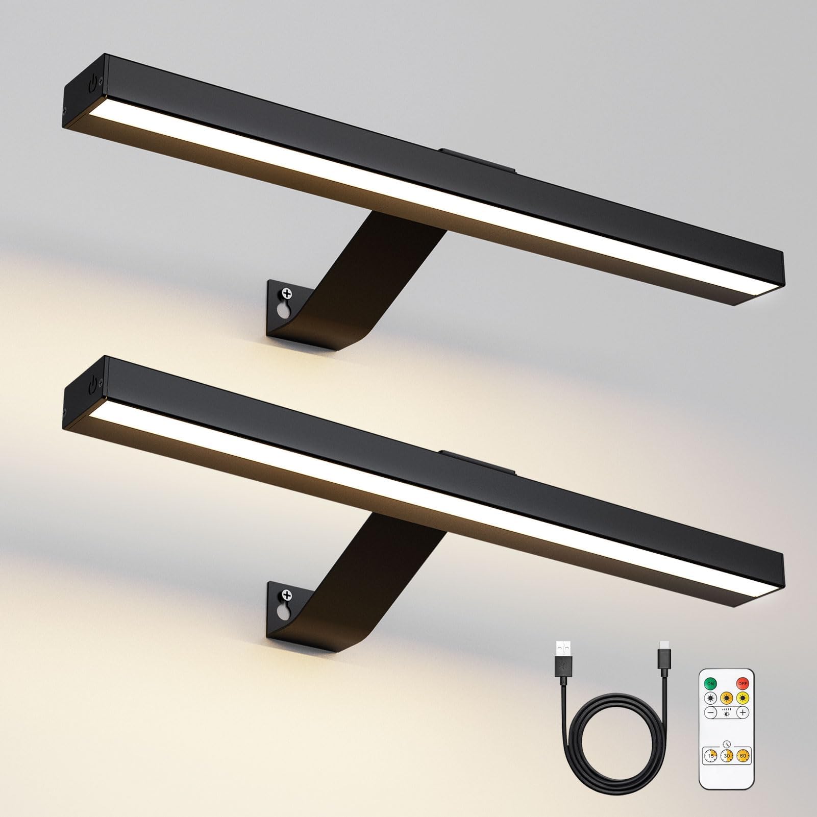 Harper Living Black Set Of 2 Picture Lights 5000Mah Battery Operated Wall Lights With Remote, Rechargeable Picture Lights Indoor, Dimmable & 3 Color Temps, Display Lamp For Dartboard Frame Gallery