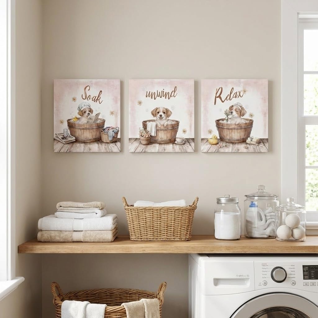 Artiluxy Dog Bathroom Wall Art Set of 3, Cute Puppy Bath Canvas Prints 12x12in, Soak Unwind Relax Spa Decor for Bathroom, Kids Bath, Laundry Room Wall Decor
