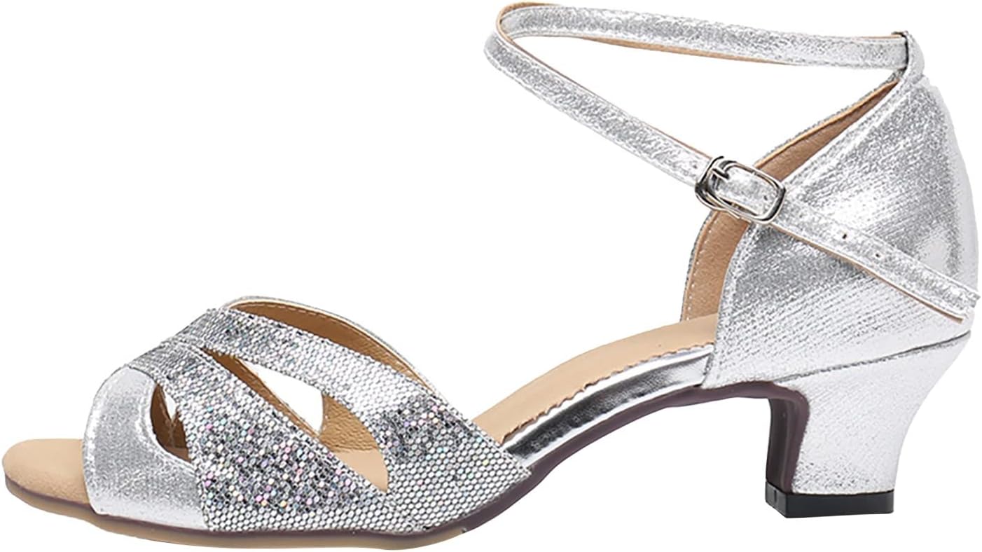 Women’S Open Toe Sandals Ankle Strappy Crossover Sandal Sparkly Low-Chunk Sandals Plantar Fasciitis Classic Orthotic Sandal Soft Padded Flexible Shoes Arch Support Slip On Heels Latin Dance Shoes
