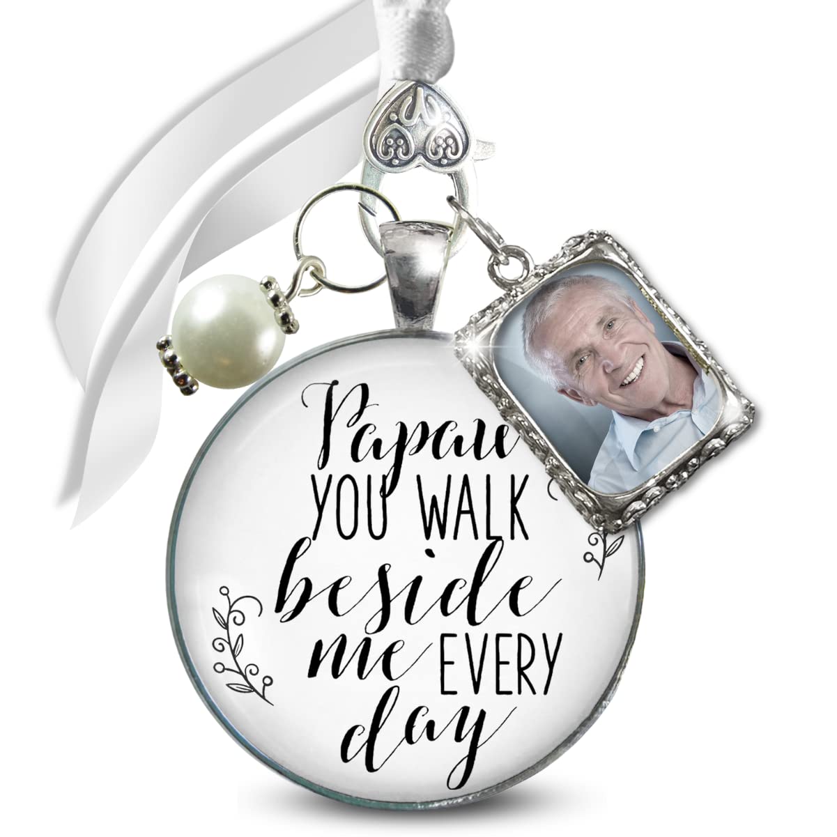 Wedding Bouquet Charm Papaw You Walk Beside Me Every Day 1 Photo Frame Antique Silver Memorial Keepsake Jewelry White Glass White Bead Bride's Memory of Grandfather DIY Picture Template