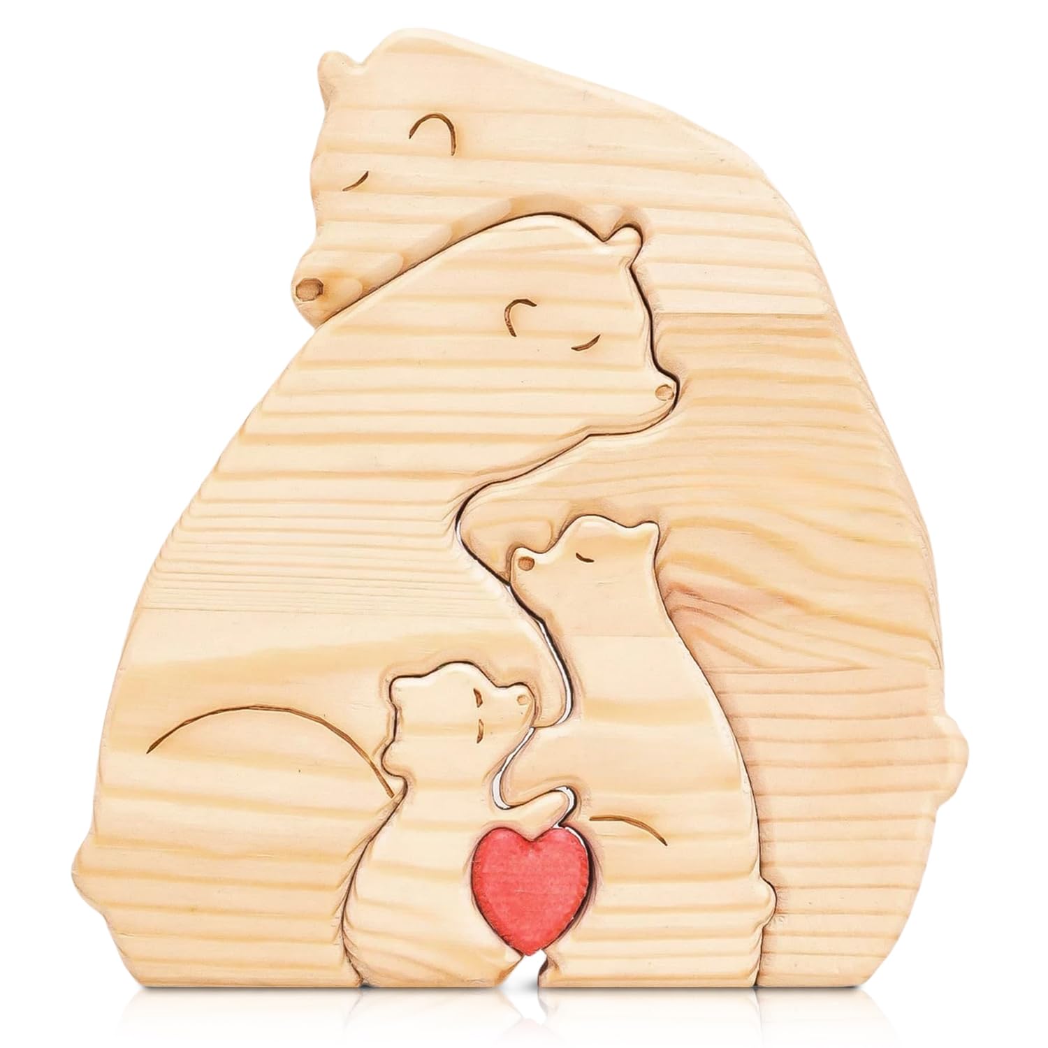 Wooden Bear Family Decor, 5-Piece Wooden Animal Puzzle with 4 Bears and 1 Heart, Living Room Accessories, Natural Solid Wood Ornament for Shelf and Table, New Parents Gifts