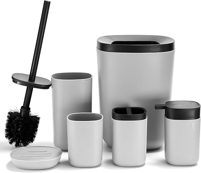 DUFU Bathroom Accessory Set, 6 Pieces Plastic Bath Accessories, Modern Vanity Organiser Kit, Contain Toilet Brush, Toothbrush Holder, Plastic Cup, Soap Dish, Trash Can, Lotion Dispenser Gray