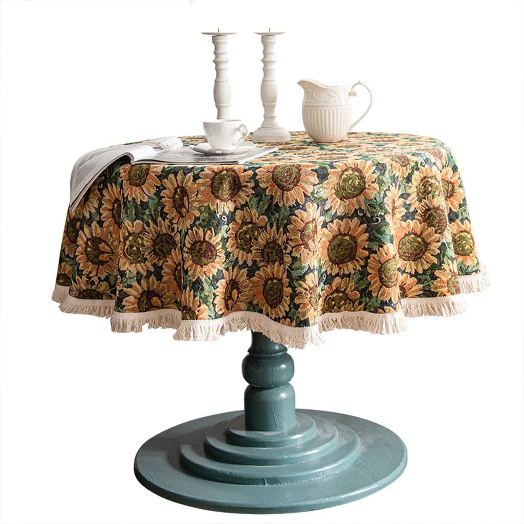 ARINAL Tela De Mesa Suave Mantel Redondo Retro, Mantel de Girasol, Mantel de Lino y algodón con borlas, Mueble de TV, Mantel de Mesa de café Cubierta De Mesa De Tela (Color : A, Size : 150x150cm)
