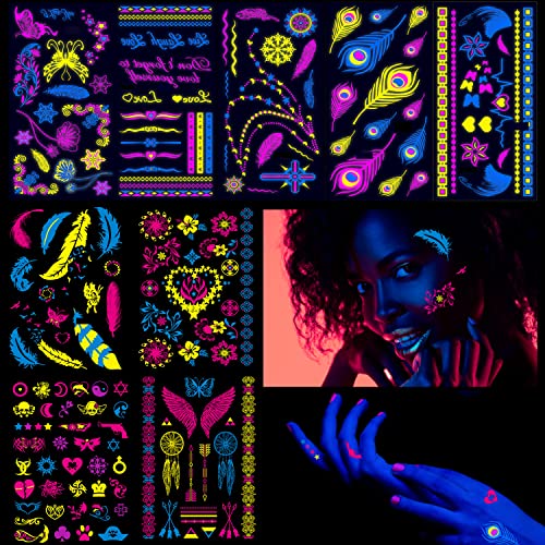 SUGERU®Néon tatouage ephemere,lueur UV néon corps faux tatouage femme, tatouage temporaire pour enfant adulte,festival/party/soirée/deguisement/maquillage fluo (9pcs) Cover