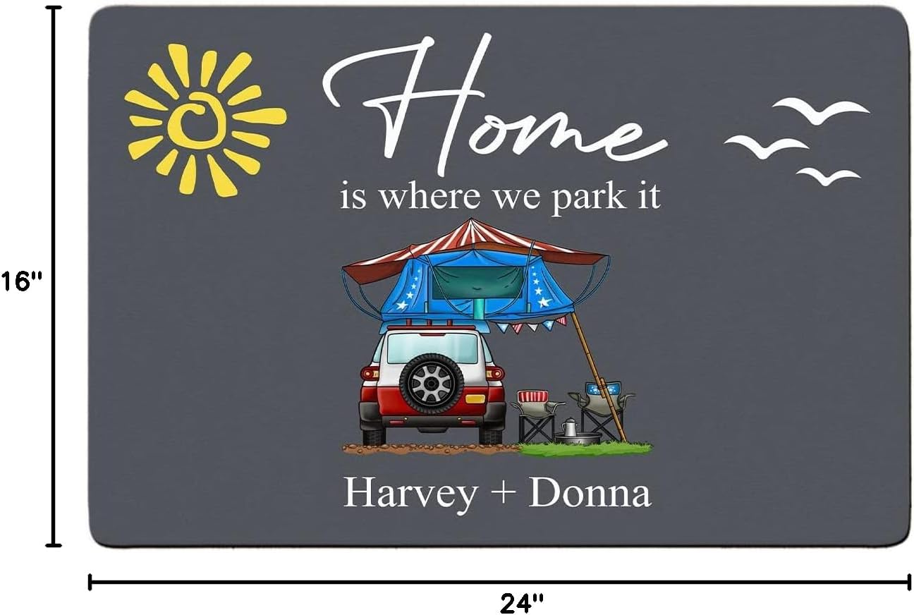 Personalized Home is Where We Park It Doormat Camping - Custom Family Name Camping Door Mat, Camper RV Accessories Inside Outside, Travel Trailers Campsite Decorations, Decorative Gift Motorhome Rugs