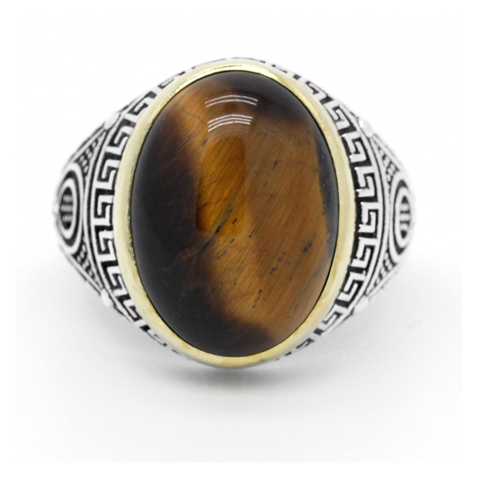 HMJGDHX Herrenringe, antiker Vintage-Ring mit natürlichem Tigerauge-Stein für Männer, großer ovaler Steinring aus 925er Silber für Männer, feiner Silberschmuck aus der Türkei