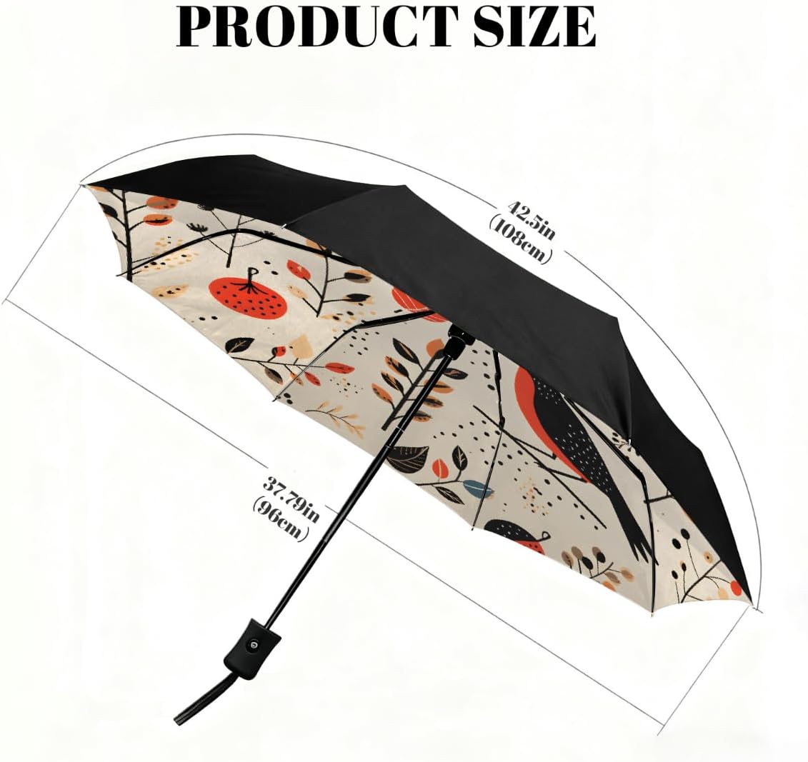 Abstract Art Bird Leaves Folding Umbrella Windproof Compact Lightweight Travel Umbrella with 8 Reinforced Ribs, Portable UV Sun & Rain Protection for Men & Women