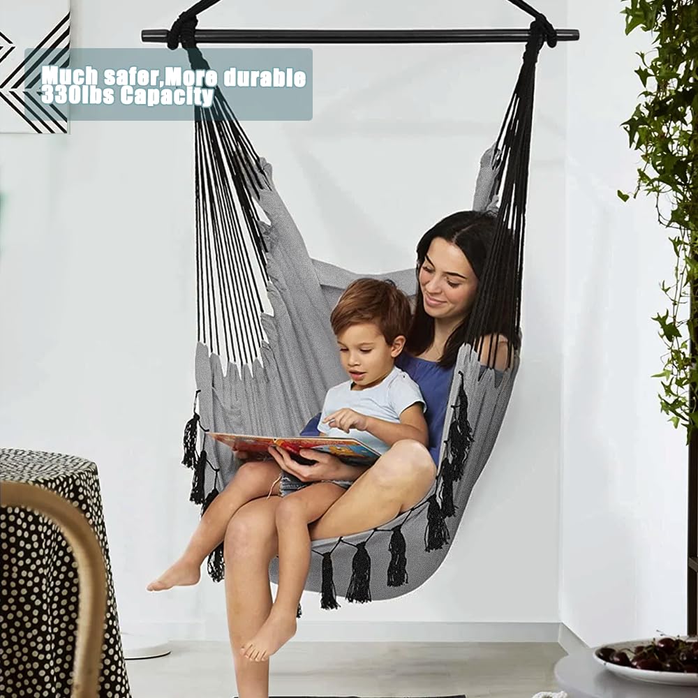 Silla Colgante con 2 Cojines y Bolsa - Silla Hamaca Colgante de Carga 330lbs para 2 Personas Adultos y niños, Mecedora, Hamacas Jardin Portátil para Interior y Exterior, Balcón (Gris Claro)