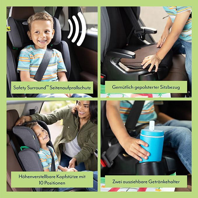 Graco Junior Maxi™ i-Size R129 Kindersitz, ca. 3,5 bis 12 Jahre (100 bis 150 cm), Kindersitzerhöhung, Kopfstütze höhenverstellbar, leicht, mit Getränkehalter, grau, Iron