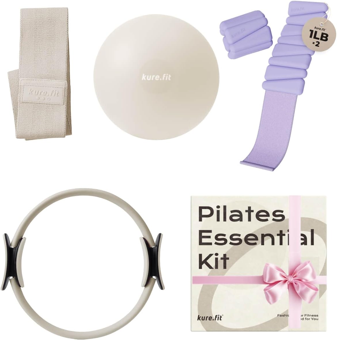 Purple Adjustable Wrist and Ankle Weights 1lb Each Set of 2 and Beige Pilates Kit Bundle