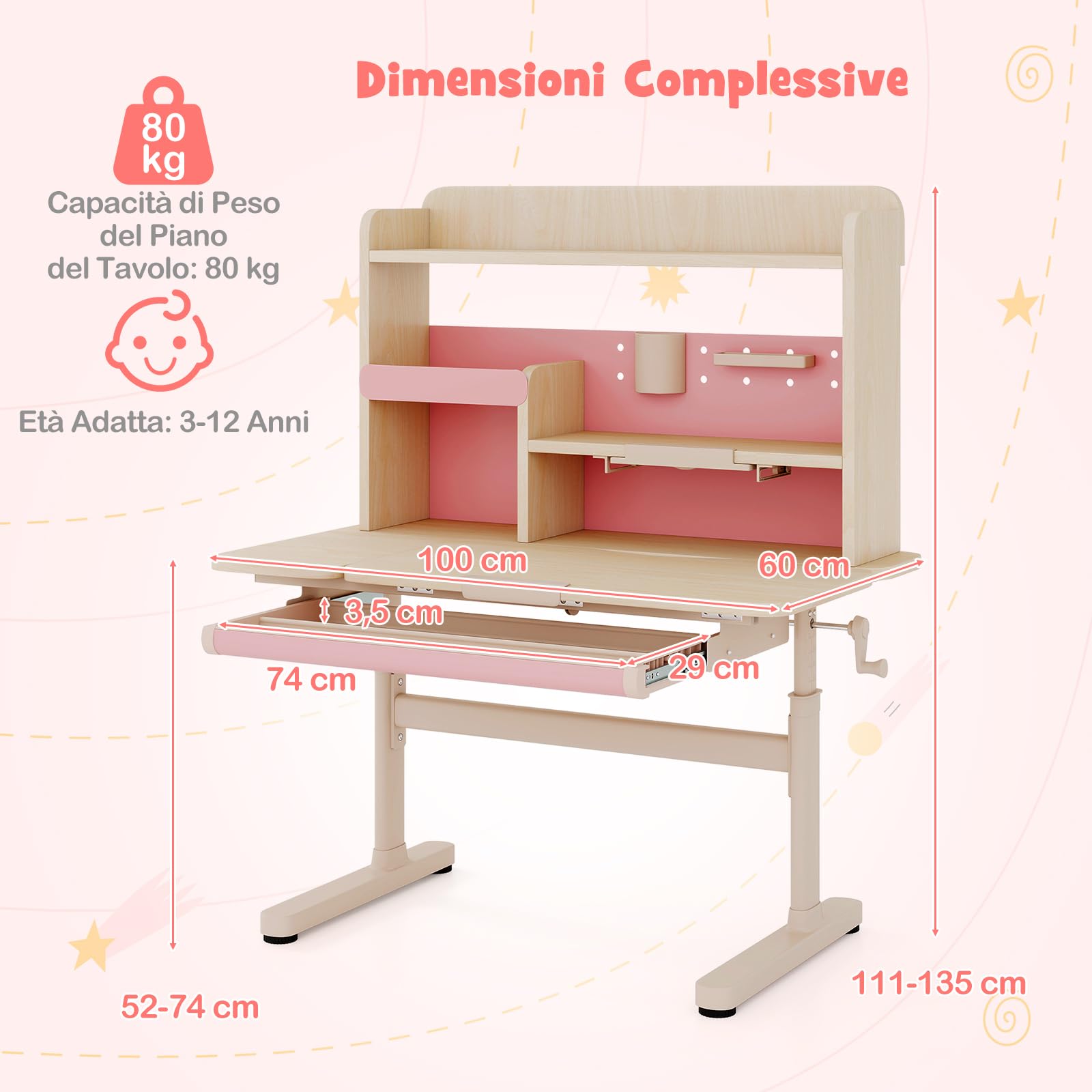 COSTWAY Scrivania per Bambini 3+ Anni, Tavolo da Studio Regolabile in Altezza con Libreria e Cassetto, Piano Inclinabile, Mensole, Leggio e Portapenne, Scrivania per Studiare (Rosa)