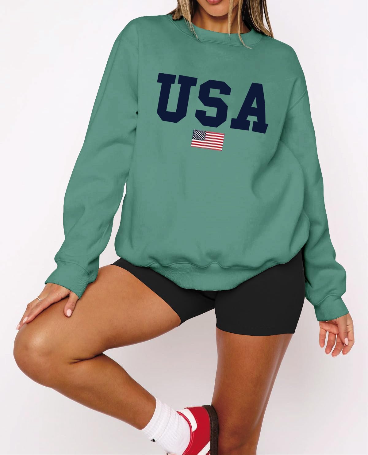 Dressmine Womens Oversized USA Sweatshirt Fleece Long Sleeve Pullover American Flag Crewneck Sweater Graphic Hoodies - Image 2