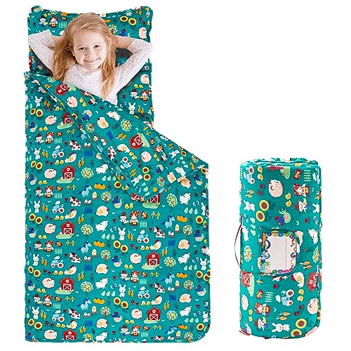 FAINSY Nap Mat for Preschool, 50x20 inch (Ages 3-5), 100% Cotton Fabric, Daycare Prek Pre-k Kindergarten with Pillow and Blanket, Sleeping Mat Slumber Bag for Toddler Kids Boy Girl (Farm Animal)