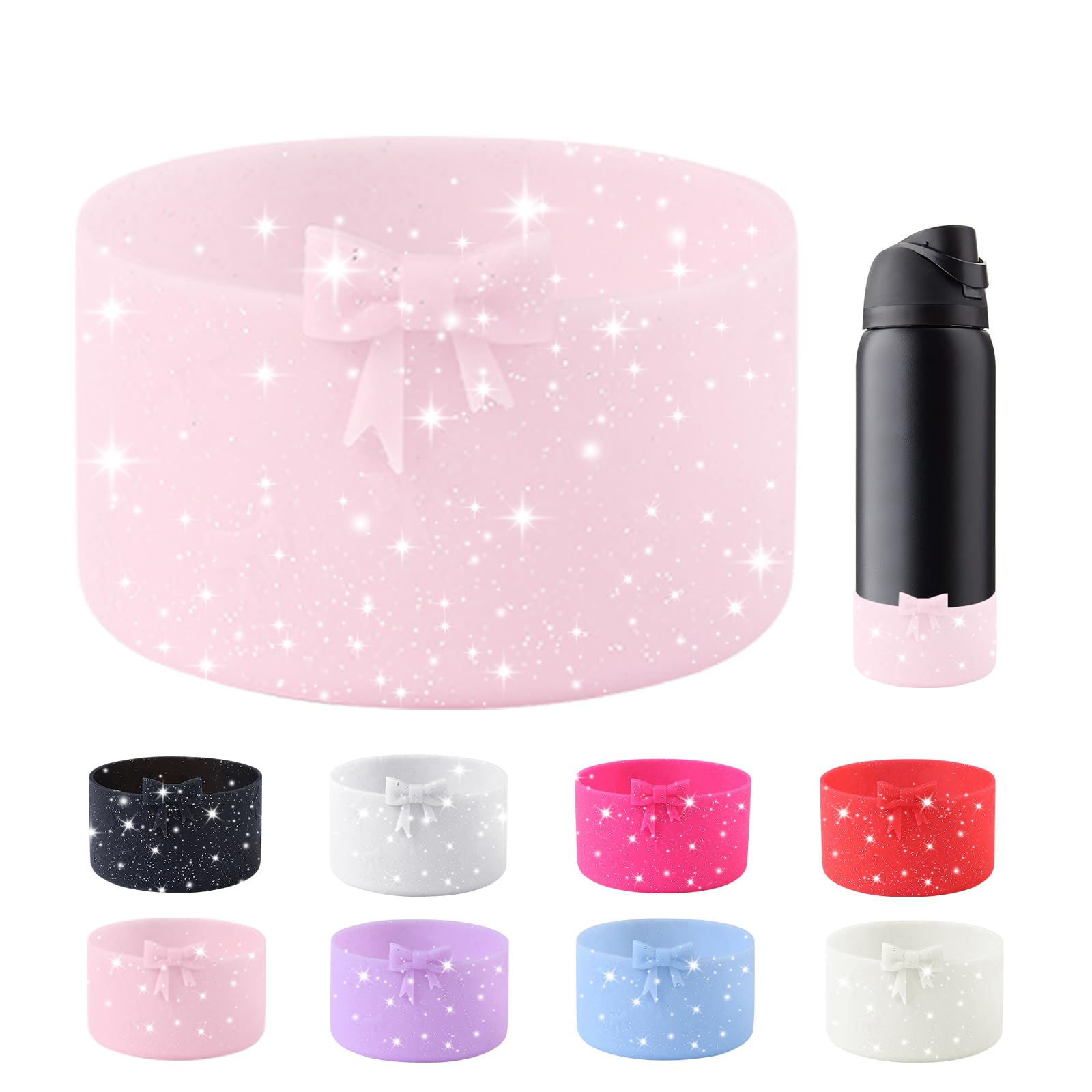 YAYAYOUNG Glitter Bow Silicone Boot for Owala 32oz Water Bottle,Anti-Slip Protective Sleeve Bottom Bumper Protector for FreeSip, Twist, and Flip Stainless Steel Water Bottles Accessories-Pink