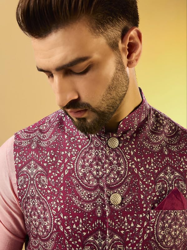 Image of KISAH Men Printed Kurta Jacket Set, Full Sleaves, Knee Length, Straight, Regular Fit, Mandarin Collar Ethnic Wear