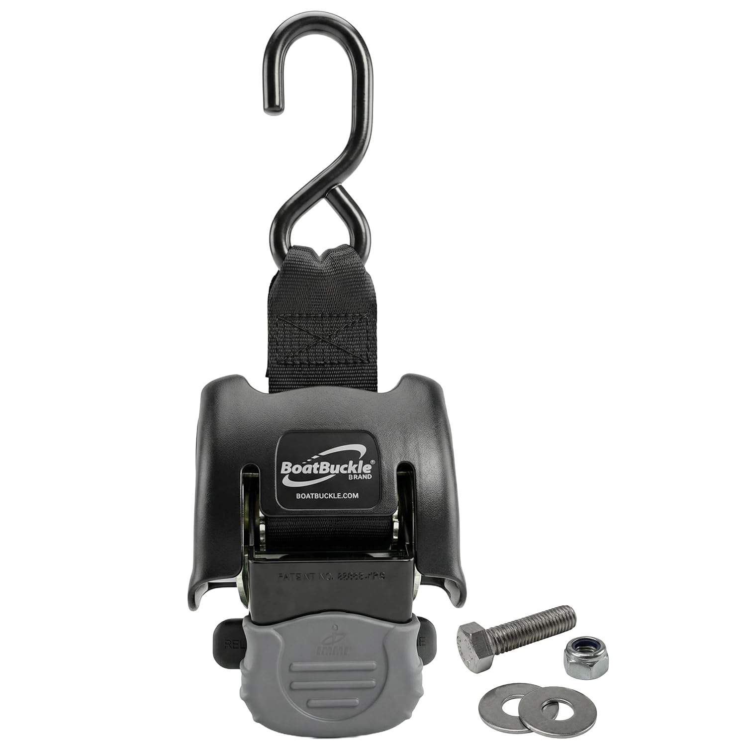 BoatBuckle G2 Boat Transom Straps for Boat Trailer (2x43-Inch, 2,500lbs Break Strength) Ratchet Tie Down Straps to Trailer, Bolt on Retractable Ratchet Straps, 1-Count