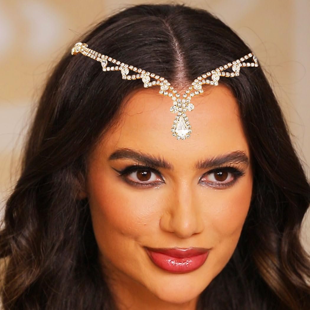 Jovono Crystal Head Chain Gold Head Hair Jewellery Accessories for Women - Image 3