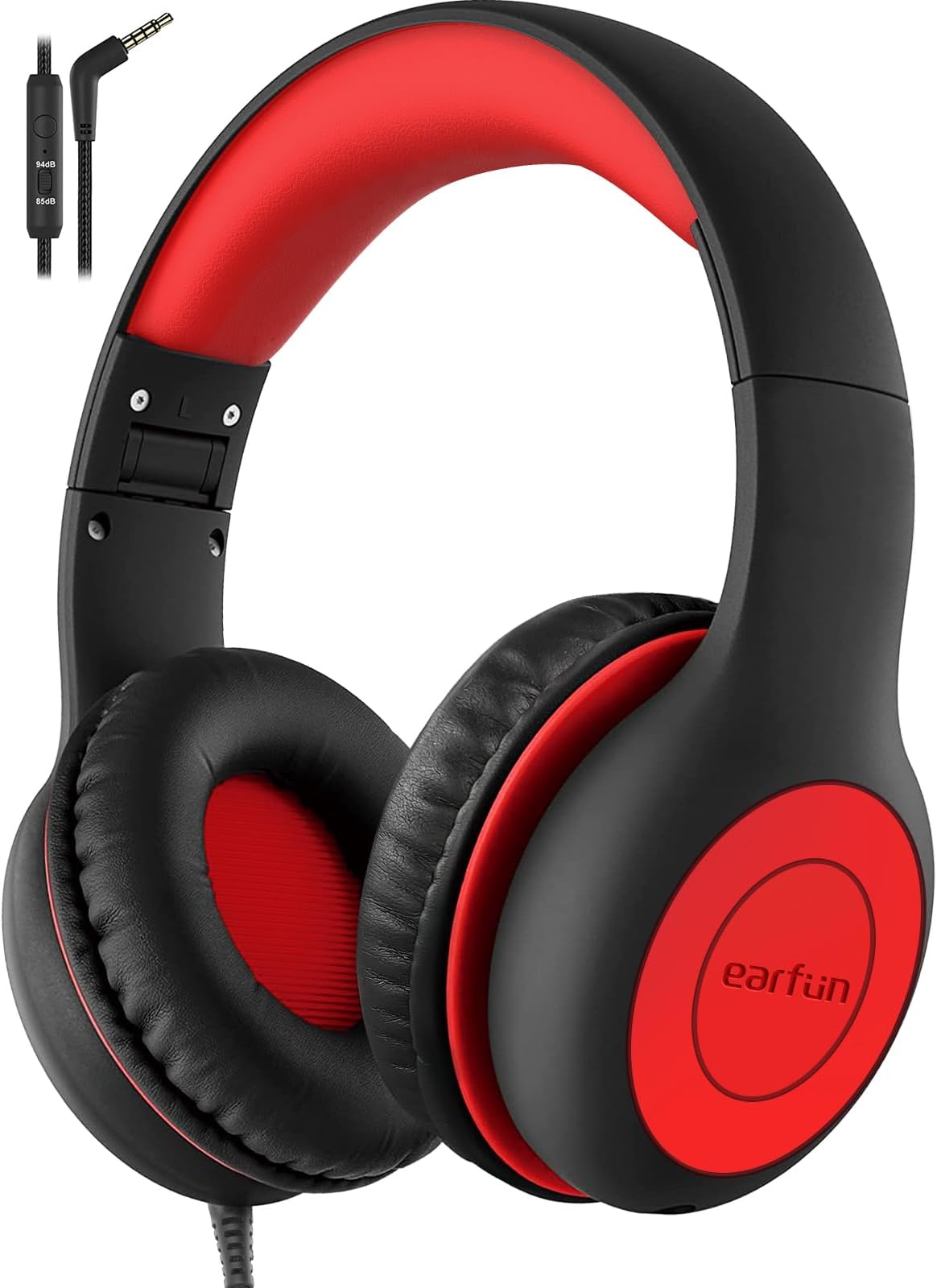 Kids Headphones, Foldable Headphones for kids, 85/94dB Volume Limiter, Sharing Function, Stereo Sound, Adjustable Headband, Wired Children Headphone with mic for School/Travel/Phone, Black Red