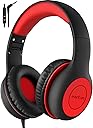EarFun K1 Kids Headphones Wired with Microphone, 85/94dB Volume Limit Headphones for Kids, Portable Wired Headphone with Shareport, Stereo Sound Foldable Headset for School/Tablet/iPad, Black Red