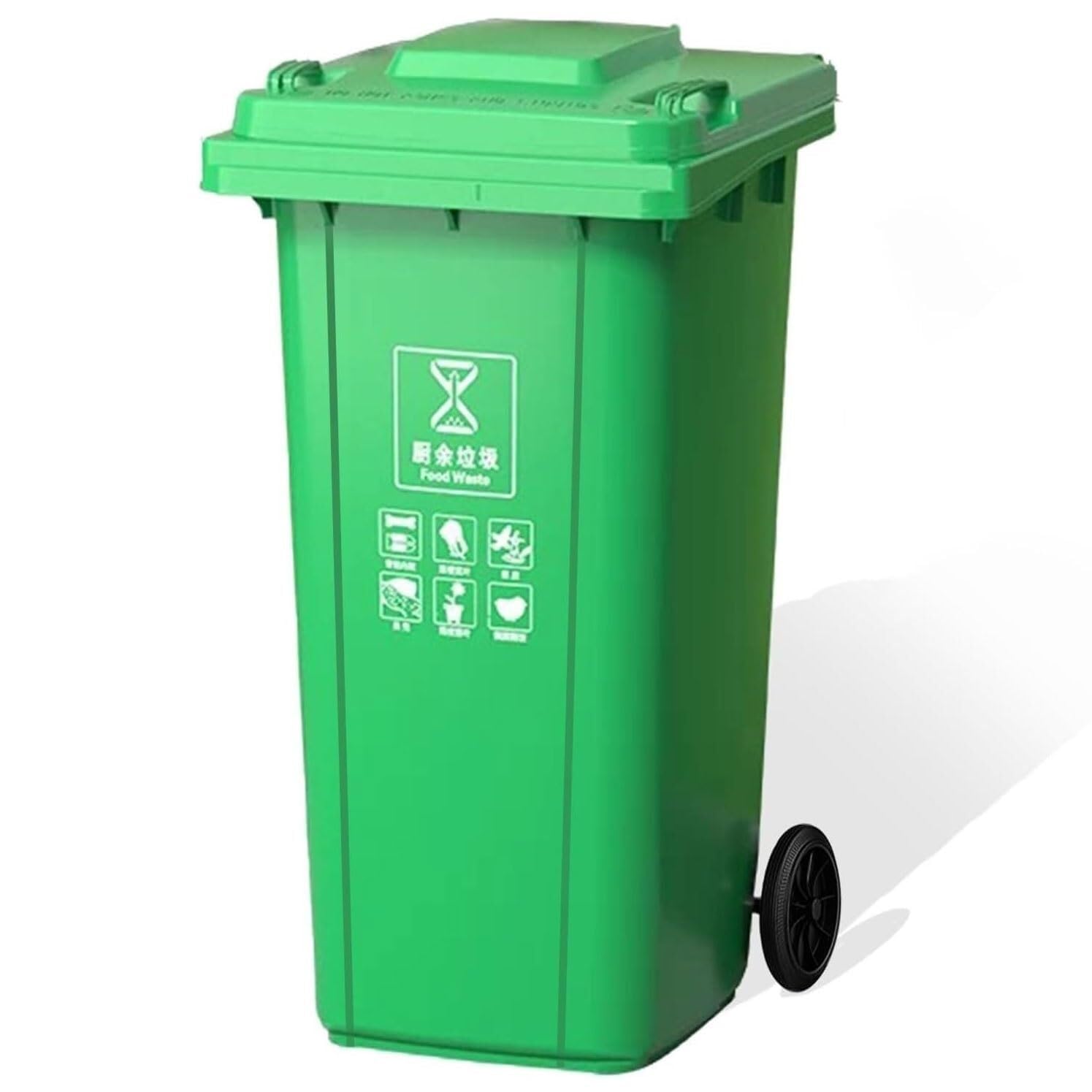 Poubelle de garage 100L verte à roulettes et couvercle en plastique
