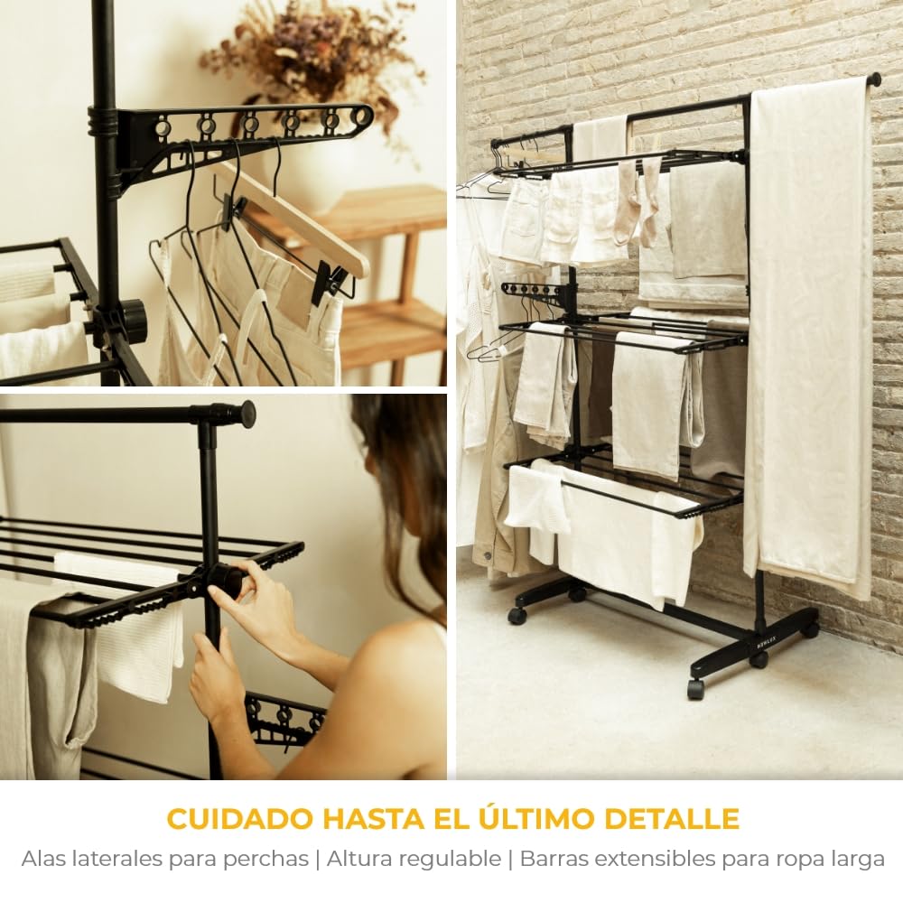 NEWLUX-Tendedero Vertical Plegable XXL Fold Care V60 Negro con Ruedas, 5 Niveles Dobles y 18-21m de tendido. Tendedero Plegable con Soporte para perchas y prendas largas de 1,5m. Ideal como perchero