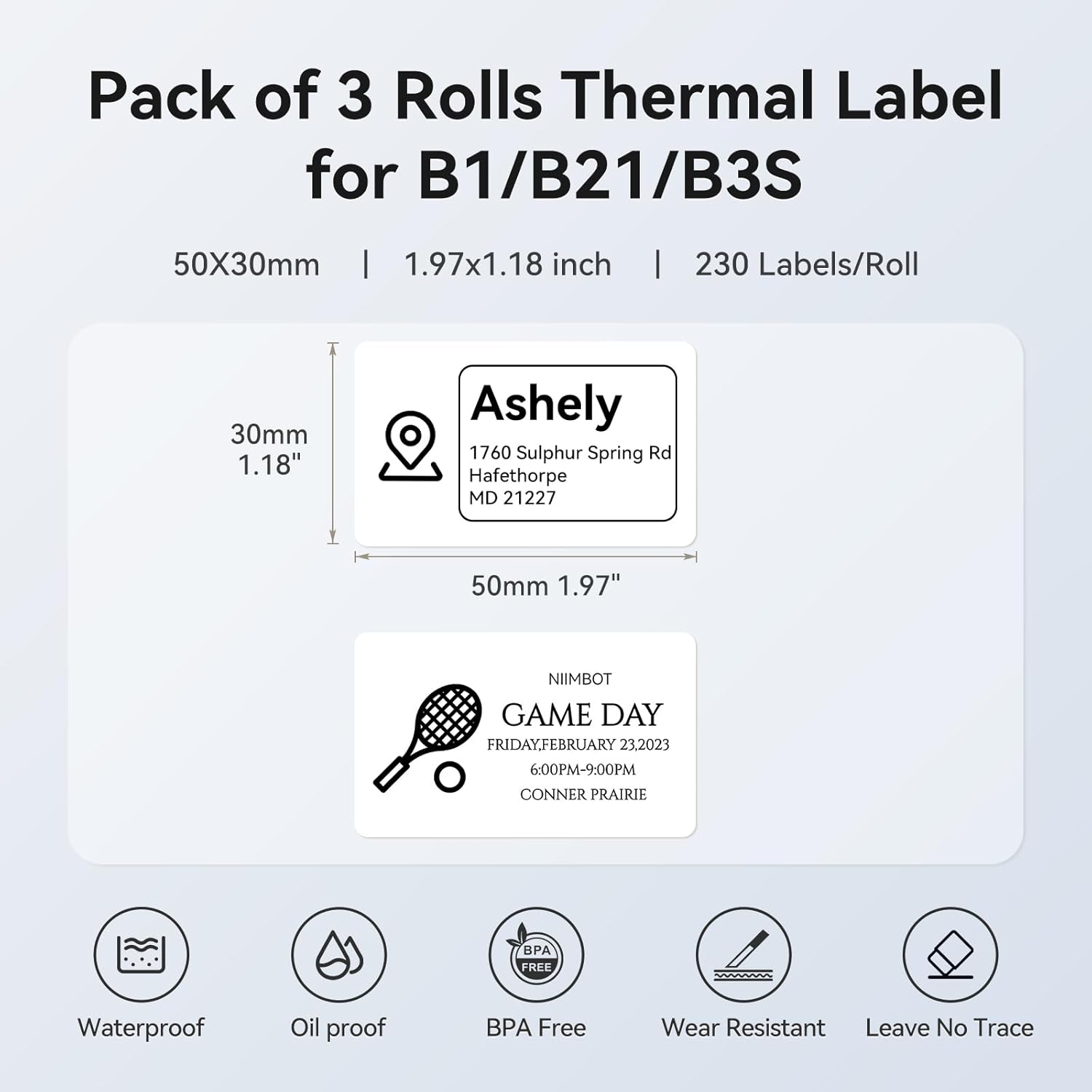 NIIMBOT 3 Rolls Set Label for B1/B21/B3S Label Printer, 1.97'' x 1.18'' (50x30mm),Waterproof Labels for Mason Jar/Barcode/Logo/QR Code (White)
