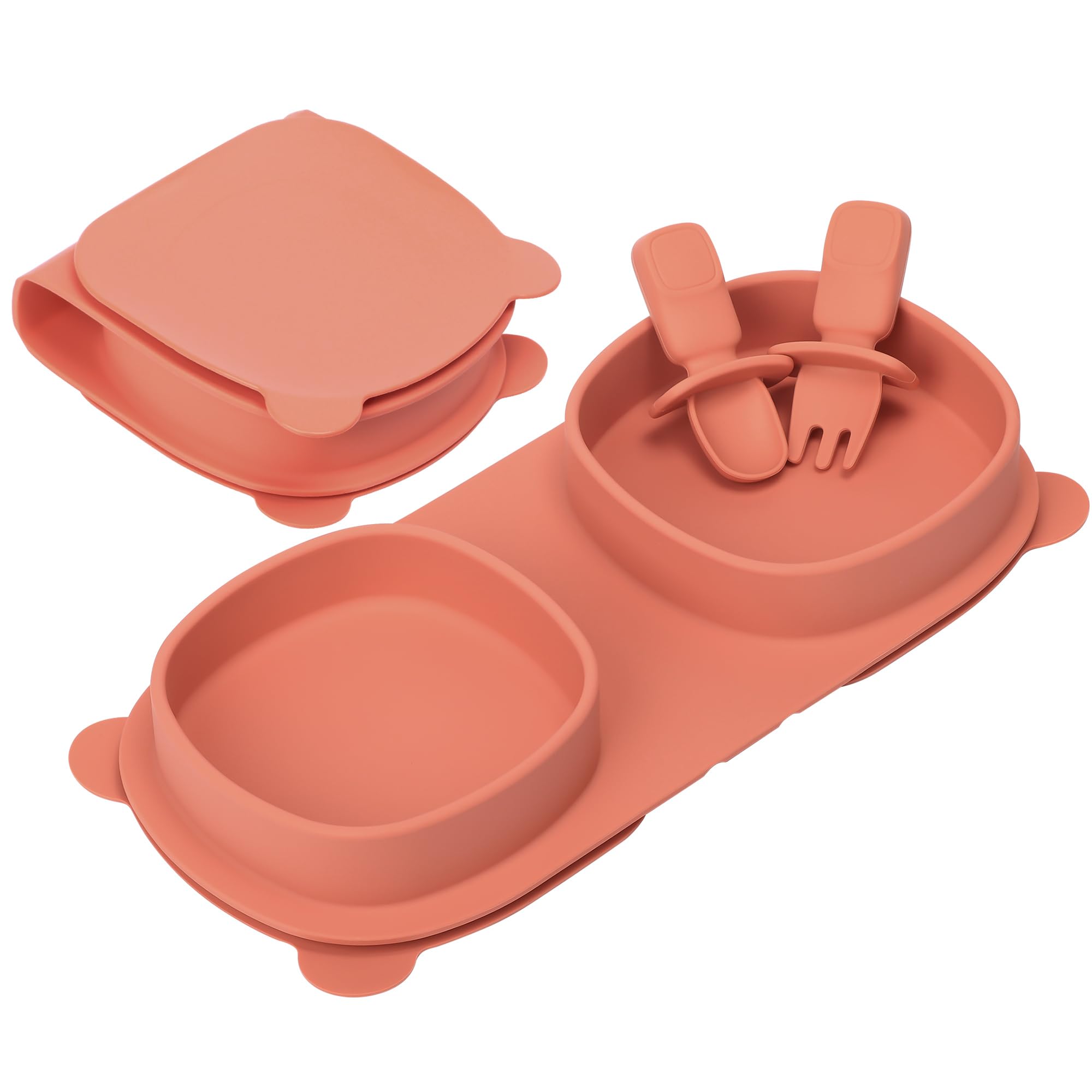 yahaa Baby Plates with Suction with Forks and Spoons, Foldable Silicone Toddler Plates, Baby Travel Essential, Microwave & Dishwasher Safe, Watermelon