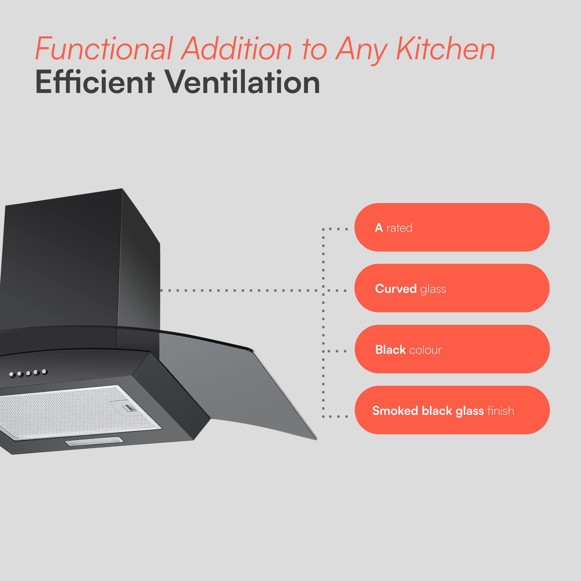 Cookology CGL900BK/A Cooker Hood Chimney Kitchen Extractor Fan 90cm, Recirculating & Ducting Wall Mounted, Curved Glass, Energy Rating A, 3 Speed Settings, LED, Adjustable Height - Black — view 5