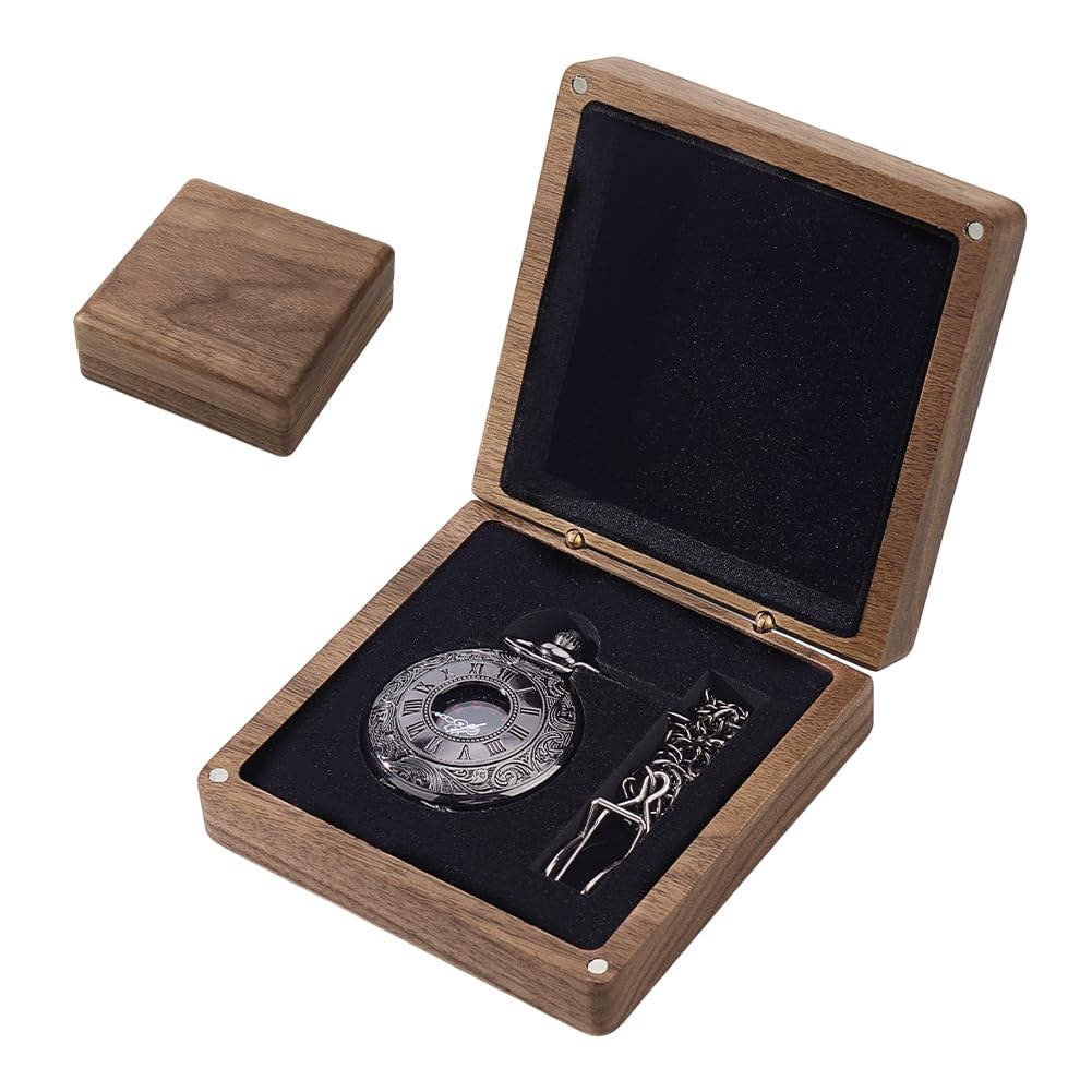 AHANDMAKER Caja de reloj de bolsillo de madera de nogal, caja de regalo portátil para un solo reloj con cojín, caja de reloj de madera, almacenamiento de joyas, organizador de viaje para hombres y