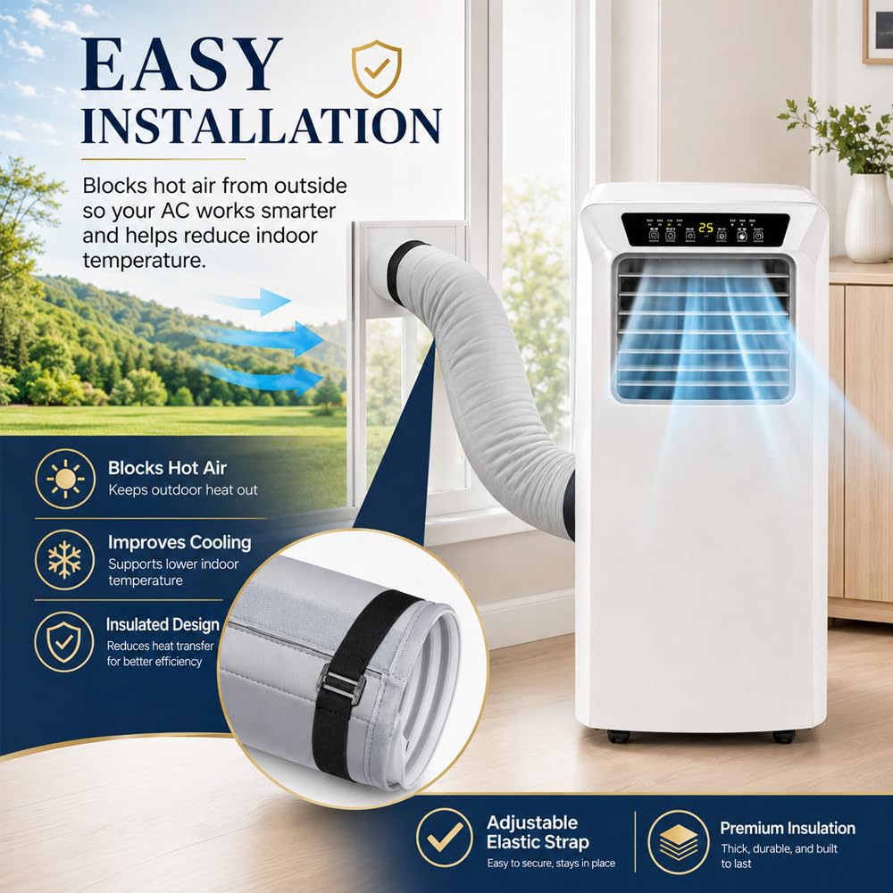 Przenośna tuleja izolacyjna węża AC do Klarstein Metrobreeze Smart 12000 BTU czarna / 10035801, do węża wydechowego o średnicy 12,7 cm i 15 cm, łatwa instalacja z 3 regulowanymi paskami klamrowymi