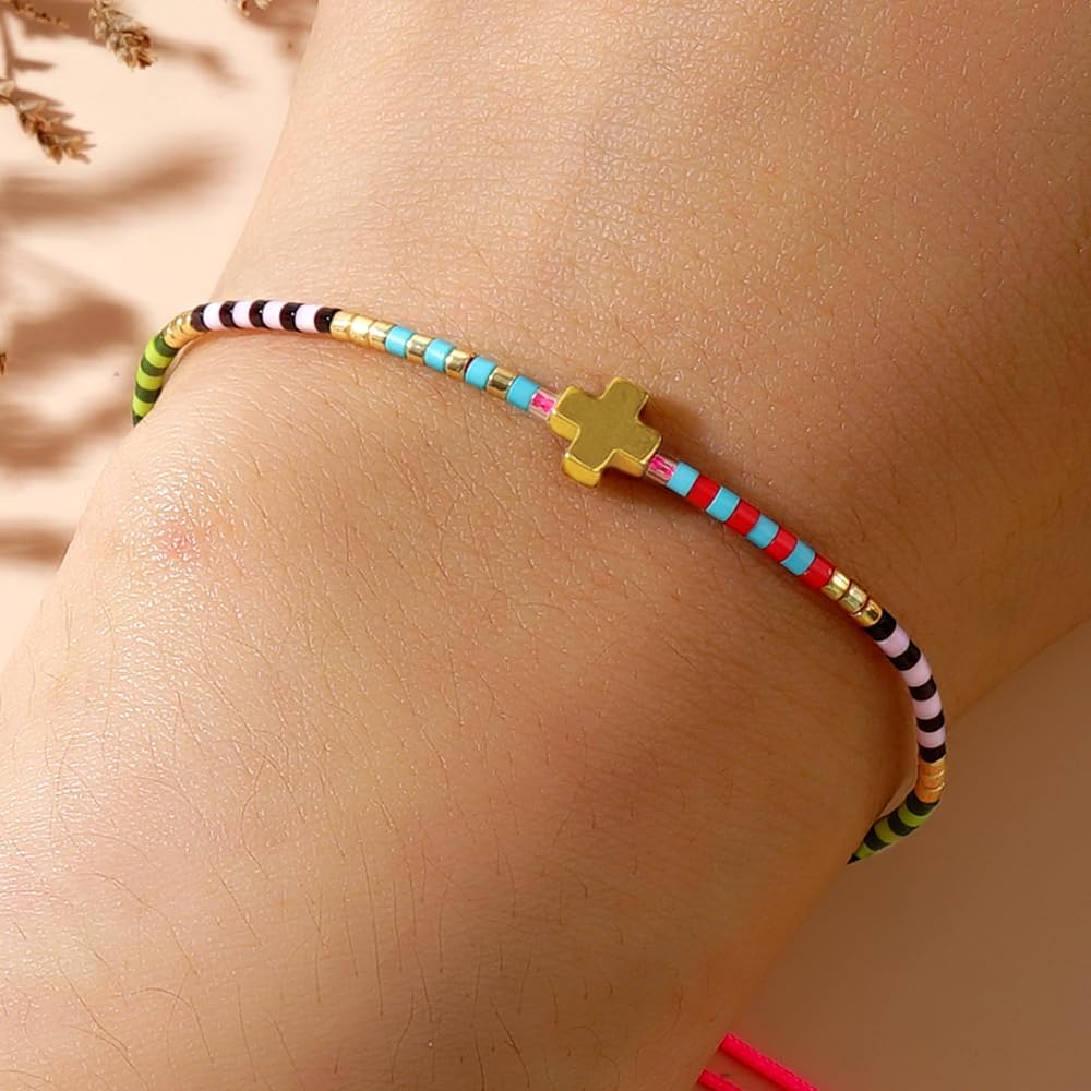 Gold Cross Seed Beaded Bracelets for Women, Boho Handmade Colorful Adjustable Strand Summer Beach Jewelry Gift. - Image 2