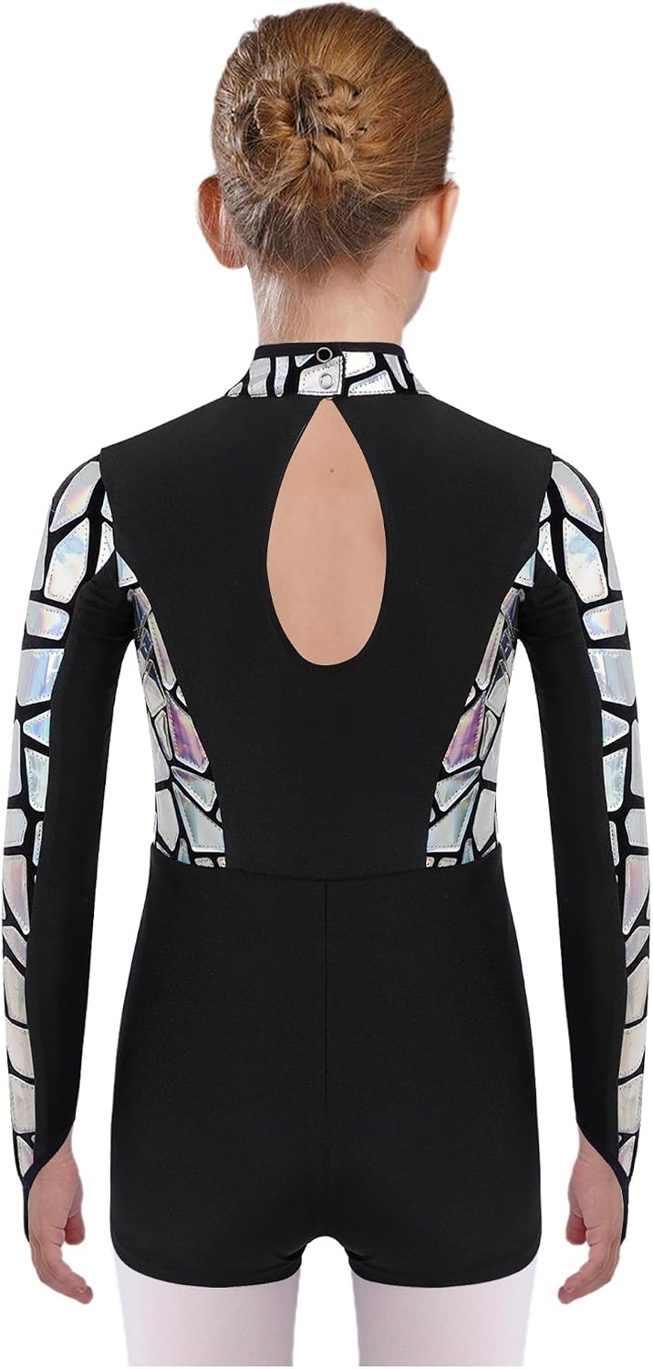 Kids Girls Metallic Gymnastics Leotard Dance Biketard Long Sleeve Unitard for Performance Competition
