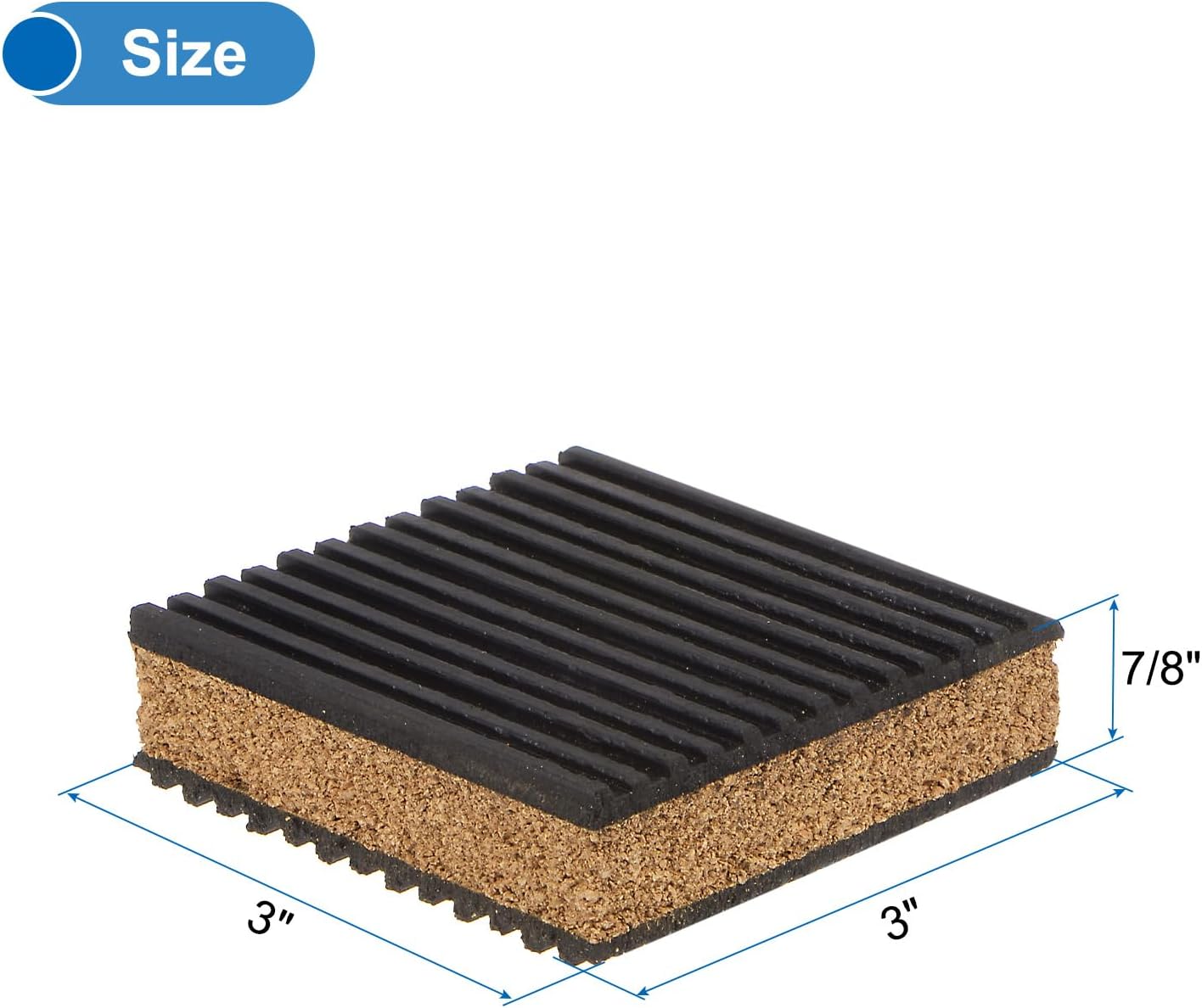 uxcell 16pcs Ribbed Anti-Vibration Isolation Rubber Pads 3" Length x 7/8" Thick, Square Anti Vibration Pads with Cork Center Layer for HVAC Air Compressor Washer