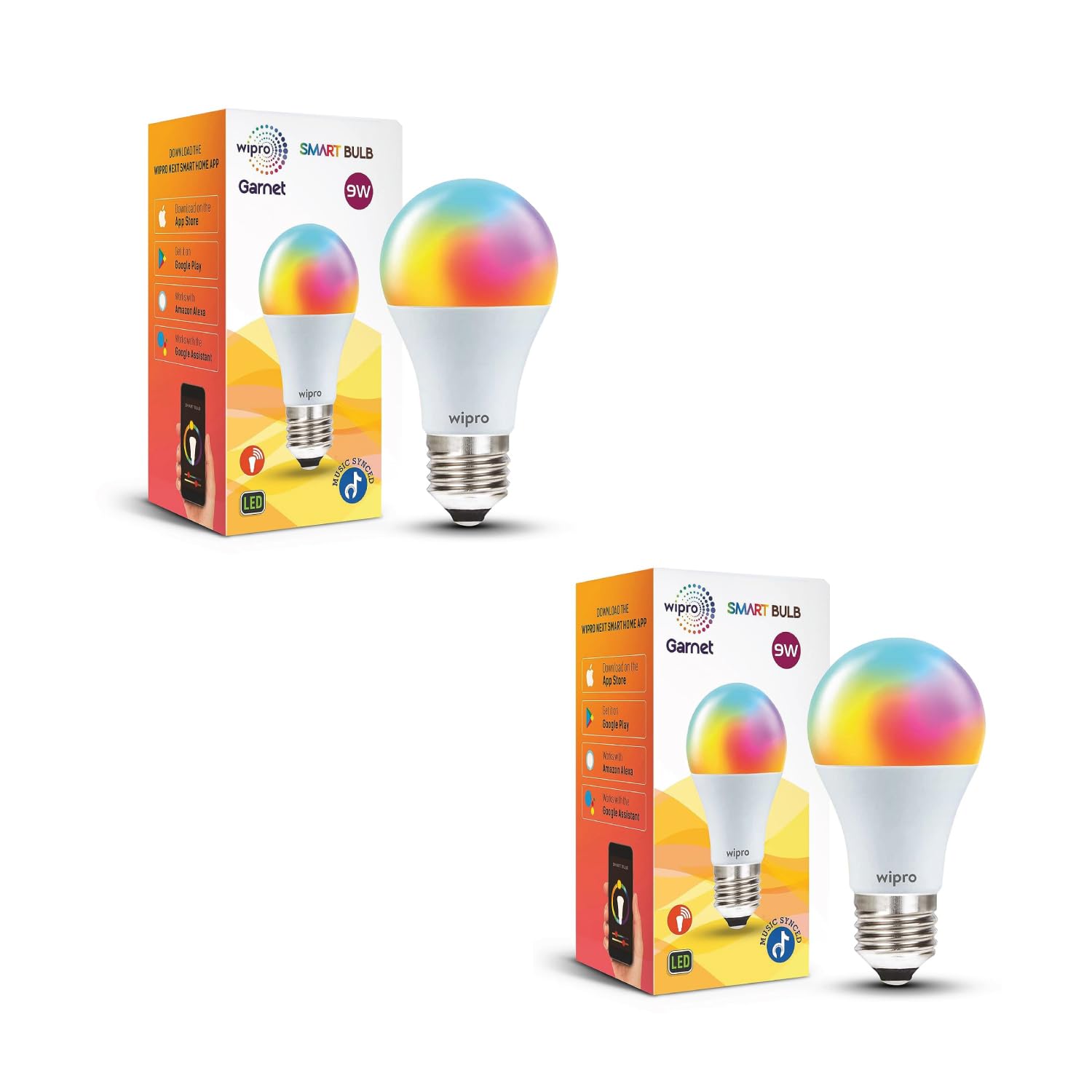 wipro 9-Watt E27 WiFi Smart LED Bulb with Music Sync (16 Million Colours + Warm White/Neutral White/White) (Compatible with Amazon Alexa and Google Assistant), Standard (NS9500) | Pack of 2