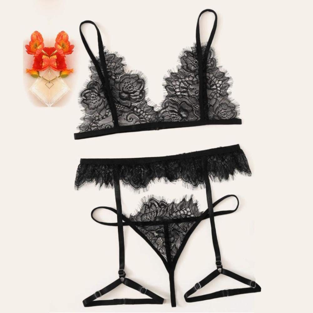 RWRAPS Intimo Sexy da Donna Camicie da Notte a V Profonda Lingerie Sexy da Donna Reggiseno Giarrettiera Perizoma Indumenti da Notte Sottili Sexy (Nero L)