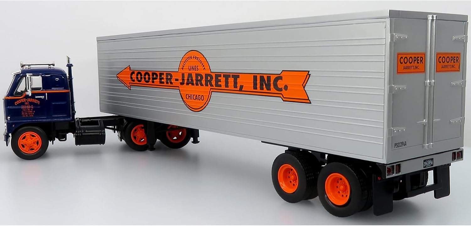 1959 International DCOF-405 Truck with Box Trailer Cooper Jarrett Inc. Dark Blue with Orange Stripes North American Vintage Truck Collection 1/43 Diecast Model 43-0637