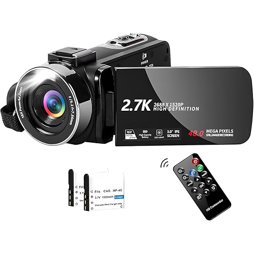 2.7K 48MP Video Camera Camcorder with LED Fill Light, 16X Digital Zoom Camera Recorder 3.0" LCD Screen Vlogging Camera for YouTube with Remote Control, 2 Batteries