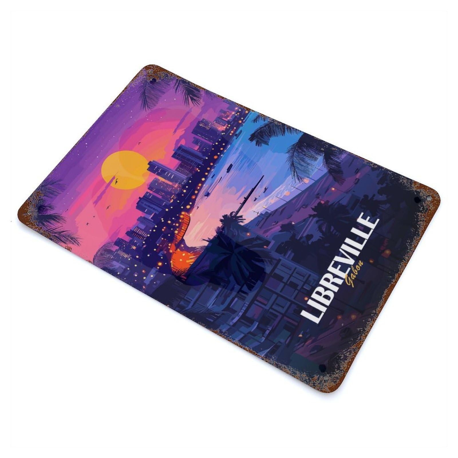Rust Effect Libreville Gabon Cityscape at Sunset Decorative Tin Sign 11.8"x7.9", Vintage Wall Decor for Farmhouse, Kitchen And Entryway Decor